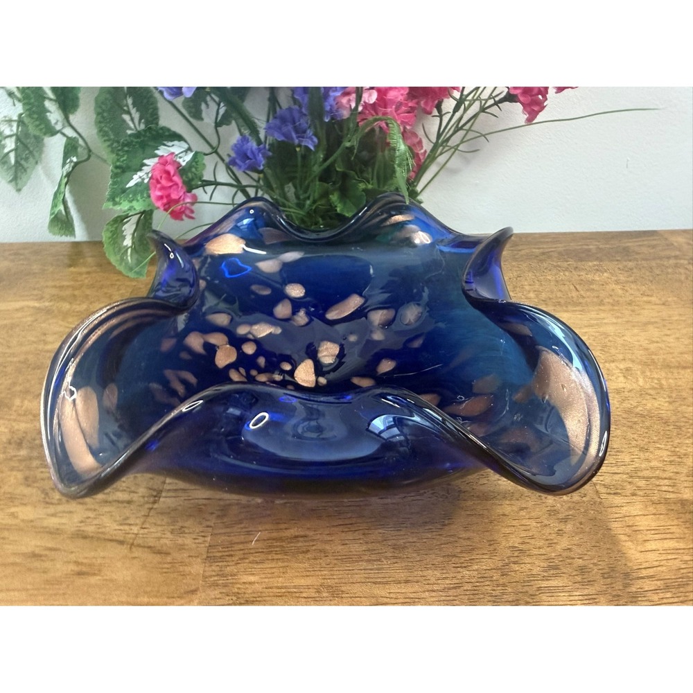 Vintage Cobalt Blue Aventurine‎ Art Glass Ruffled Bowl Centrepiece
